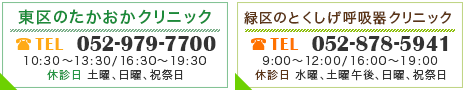 東区のたかおかクリニック TEL052-979-7700 10:30～13:30/16:30～19:30 休診日：土曜、日曜、祝祭日 緑区のとくしげ呼吸器クリニック TEL052-878-5941 9:00～12:00/16:00～19:00 休診日 水曜、土曜午後、日曜、祝祭日