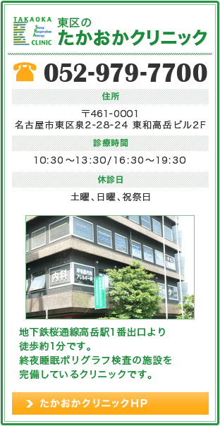 東区のたかおかクリニック 電話番号：052-979-7700 住所：〒461-0001名古屋市東区泉2-28-24 ヨコタビル2F 診療時間：10:30～13:30/16:30～19:30 休診日：土曜、日曜、祝祭日 地下鉄桜通線高岳駅1番出口より徒歩約1分です。終夜睡眠ポリグラフ検査の施設を完備しているクリニックです。 たかおかクリニックHPへ